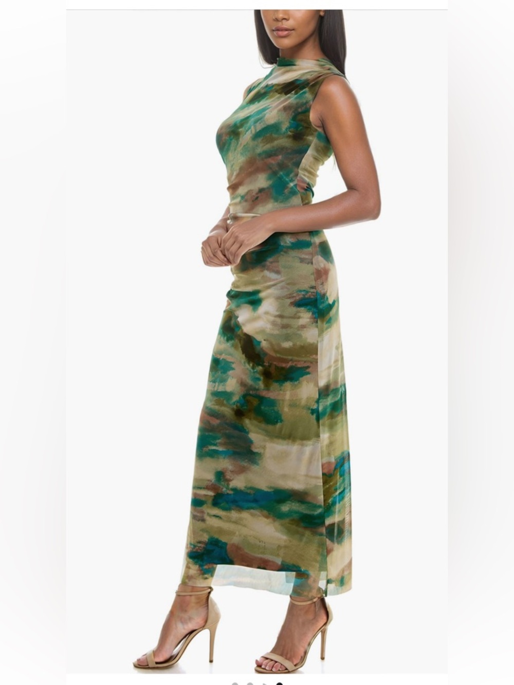 Socialite Ruched Sleeveless Mesh midi maxi Dress teal olive medium NWT - Picture 3 of 3